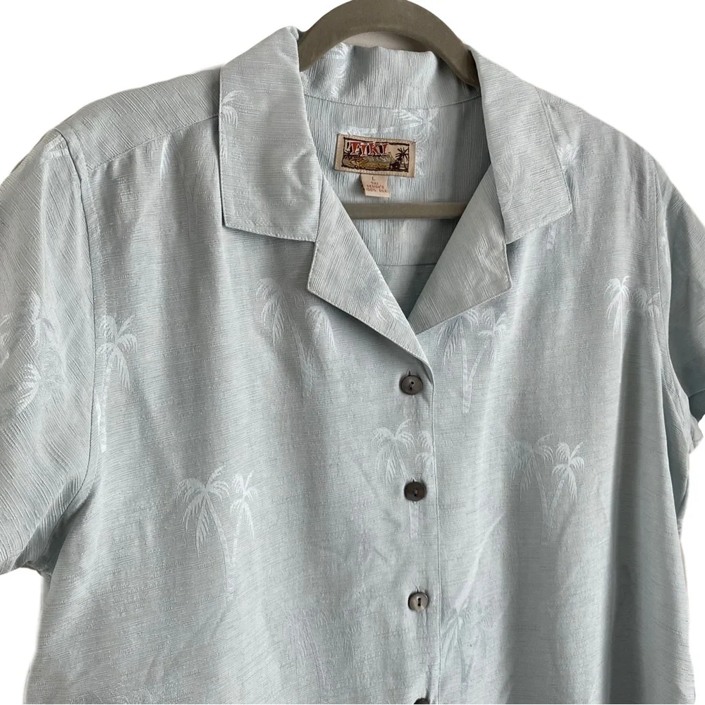 Tiki Classics Silk Palm Tree Tropical Hawaiian Polo Button Front T-Shirt Large - Picture 4 of 5